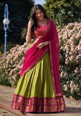 Pista Zari Work Kanjivaram Lehenga Set for Diwali and Festive Wear