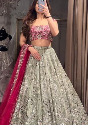 Multi Color Sequence Embroidery Georgette Lehenga Set With Dupatta for Diwali and Festive Wear