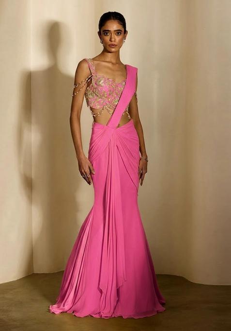 Pink Handwork Pre Draped Saree Set