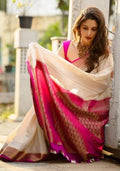 Off White Work Soft Lichi Silk Jacquard Saree Set for Diwali | Wedding & Festive Wear