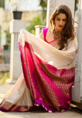 Off White Work Soft Lichi Silk Jacquard Saree Set for Diwali | Wedding & Festive Wear