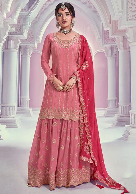 Peach Embroidered Chinon Sharara Set