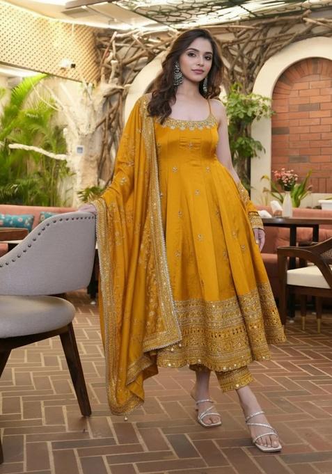 Yellow Embroidered Silk Blend Anarkali Set