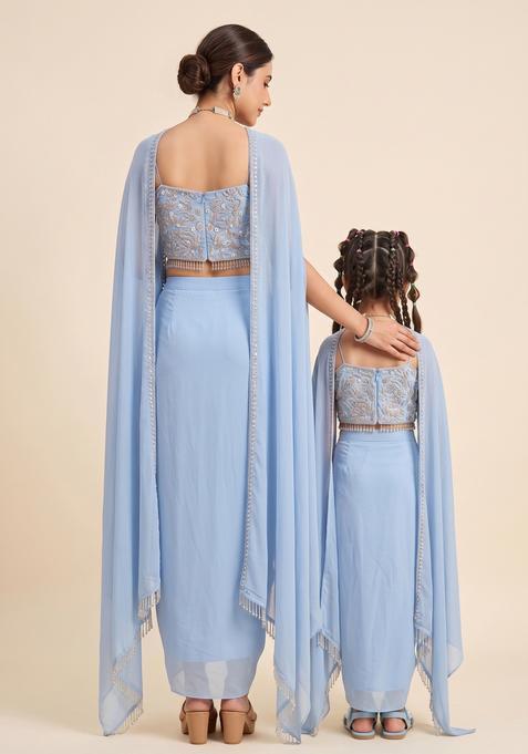 Pretty Powder Blue Embroidered Handwork Mother Daughter Fusion Set | Twin In Charm