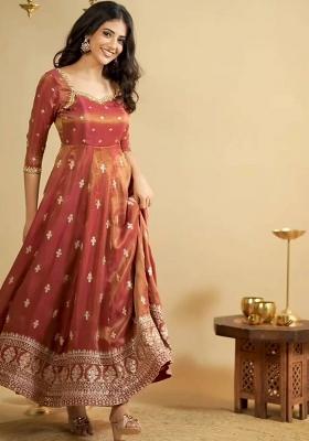 Orange Embroidered Silk Blend Anarkali Set