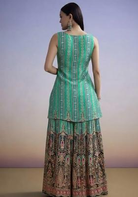 Aqua Blue Embroidered Crepe Sharara Set