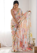 Multicolor Chiffon Saree Set with Abstract Print for Diwali | Wedding & Festive Wear