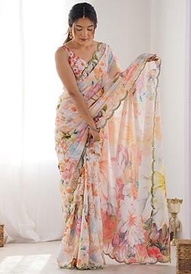 Multicolor Chiffon Saree Set with Abstract Print for Diwali | Wedding & Festive Wear