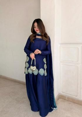 Navy Blue Emboidered Silk Sharara Set