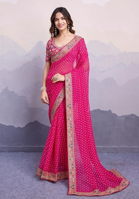 Pink Embroidered faux georgette Saree Set for Diwali and Festive Wear