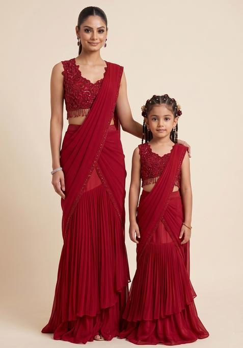 Graceful Red Crepe Handwork Mother Daughter Pre-Draped Saree Set | Drape, Dazzle, Twin