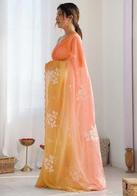 Orange Yellow Silk Blend Saree Set with Embroidery for Diwali | Wedding & Festive Wear