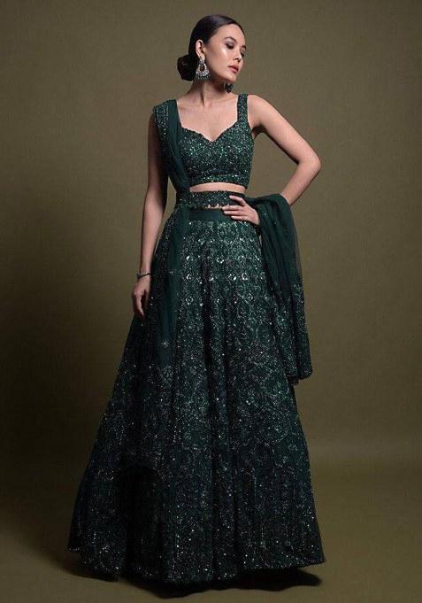 Green Sequin Work Net Lehenga Set for Diwali and Festive Wear
