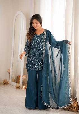 Teal Blue Zari Work Silk Sharara Suit