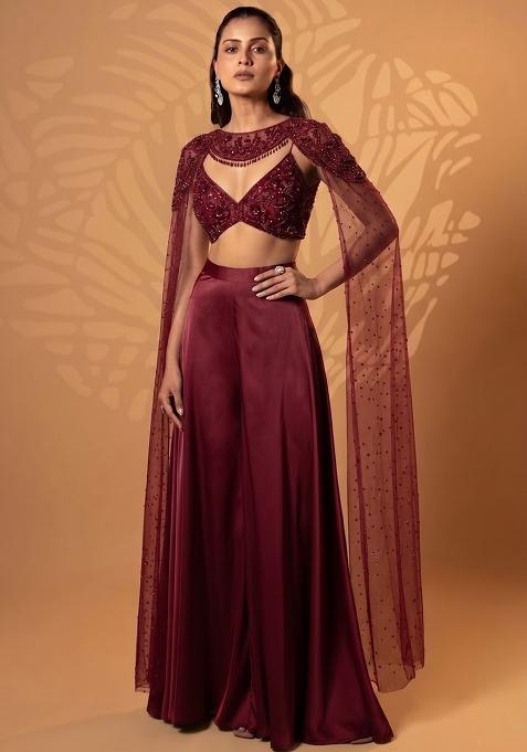 Wine Red Satin Handwork Lehenga Set