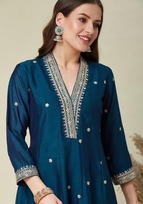 Teal Embroidered Silk Blend Anarkali Set