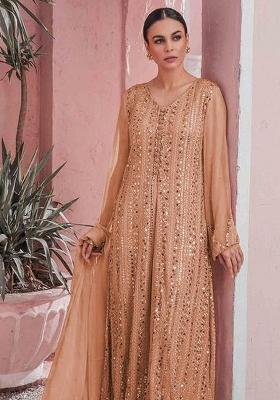Orange Embroidered Georgette Pakistani Suit Set