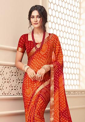 Maroon And Orange Chiffon Saree Set with Bandhani Print for Diwali | Wedding & Festive Wear