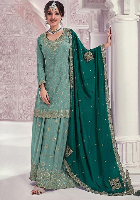 Turquoise Embroidered Chinon Sharara Set