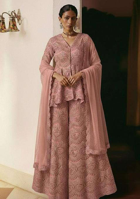 Blush Pink Embroidered Net Sharara Set