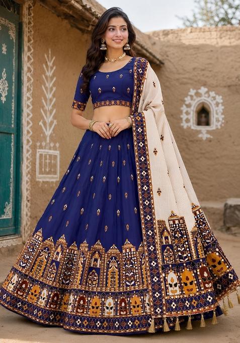 Blue Cotton Lehenga Set with Printed for Diwali | Wedding & Festive Wear