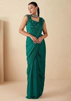 Stunning Light Green Hand Work Embellished Georgette Mother Daughter Pre-Draped Saree Set