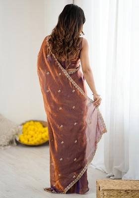 Rose Gold Embellished Satin Saree Set for Diwali | Wedding & Festive Wear