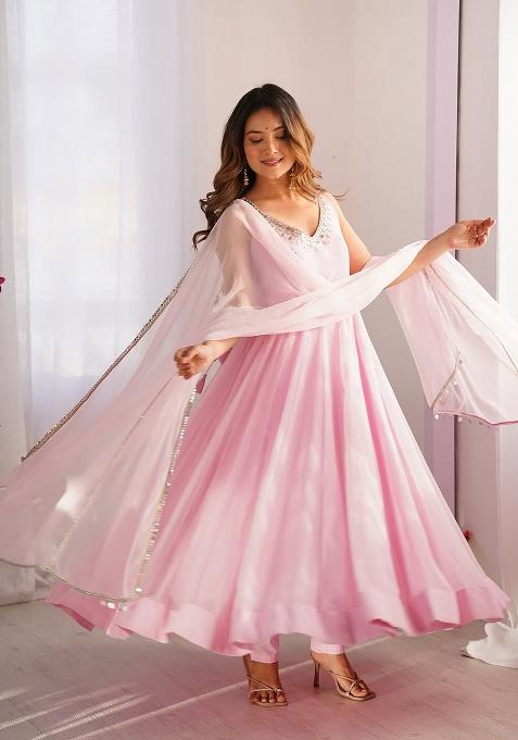 Pink Embellished Georgette Anarkali Set