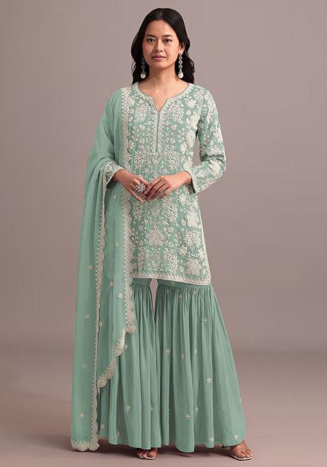 Green Chikankari Georgette Sharara Set