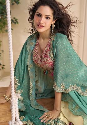 Rani Pink Embroidered Chinon Co Ord Set for Diwali | Wedding & Festive Wear