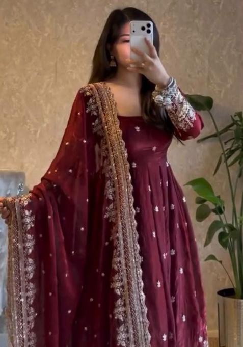 Maroon Embroidered Georgette Anarkali Set
