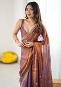 Rose Gold Embellished Satin Saree Set for Diwali | Wedding & Festive Wear