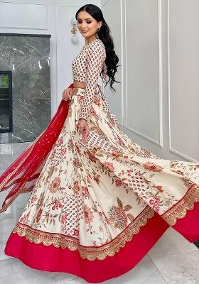 Cream Chinnon Lehenga Set with Embroidery for Diwali | Wedding & Festive Wear