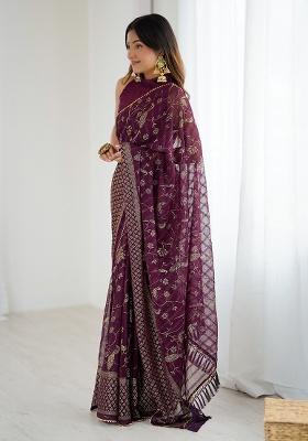 Wine Silk Blend Saree Set with Embroidery for Diwali | Wedding & Festive Wear
