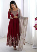 Red Embroidered Blended Anarkali Set
