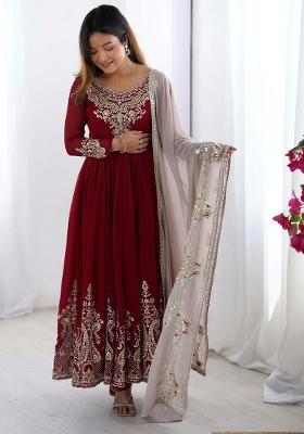 Red Embroidered Blended Anarkali Set
