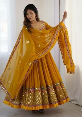 Yellow Embroidered Blended Anarkali Set