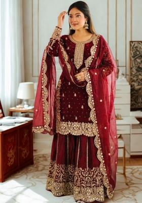 Red Embroidery Silk Sharara Set