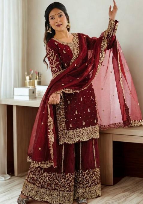 Red Embroidery Silk Sharara Set