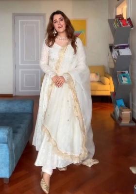 Off White Embroidered Silk Blend Anarkali Set