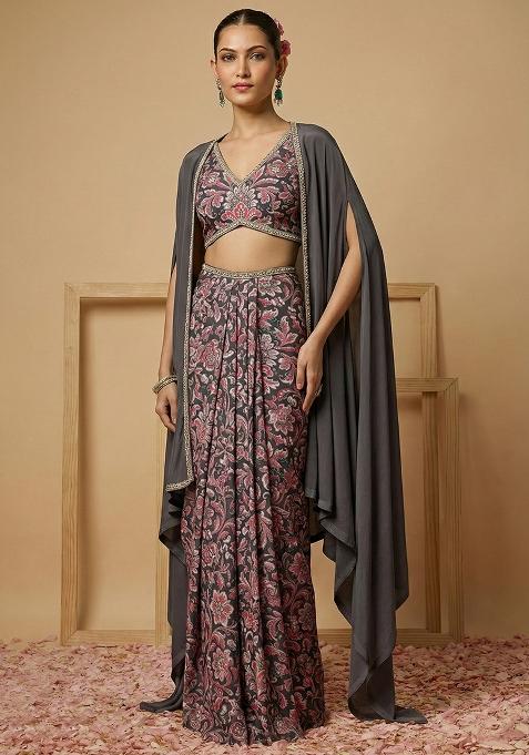 Charcoal Grey Silk Fusion Set with Floral Print for Diwali | Wedding & Festive Wear