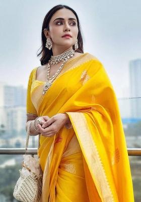 Yellow Embroidery Silk Blend Saree Set for Diwali and Festive Wear