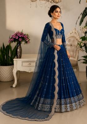 Navy Blue Embroidered Georgette Lehenga Set for Diwali and Festive Wear