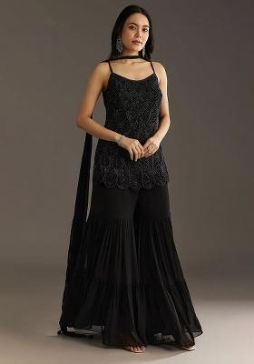 Black Embroidered Georgette Sharara Set