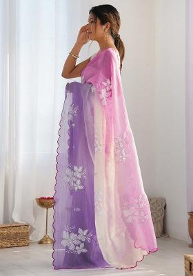 Pink Lavender Embroidery Silk Blend Saree Set for Diwali and Festive Wear
