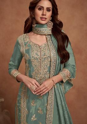 Sea Green Embroidered Silk Blend Straight Kurta Set