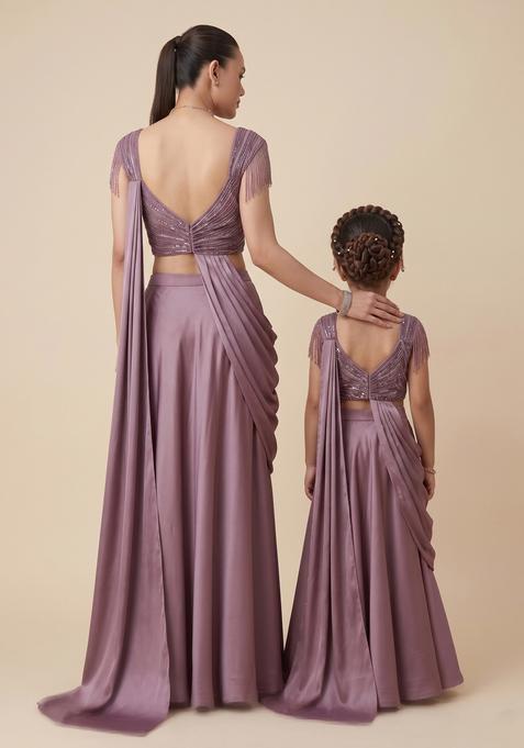 Royal Lavendar Embroidered Handwork Mother Daughter Lehenga Set | Twin In Royal Style