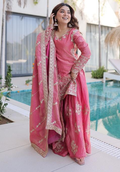 Pink Embroidered Gold Crush Sharara Set