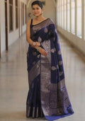 Navy Blue Embroidery Silk Blend Saree Set for Diwali and Festive Wear
