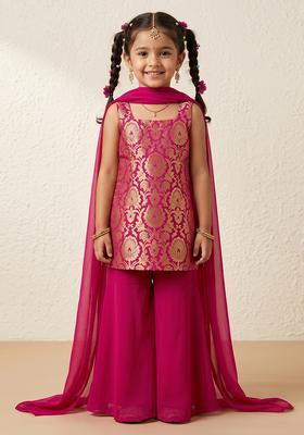 Twirl-Worthy Rani Pink Brocade Mother Daughter Sharara Set | Twirl Together